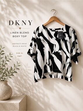 DKNY Linen Blend Abstract Print Boxy Top Black White Size XL NWT